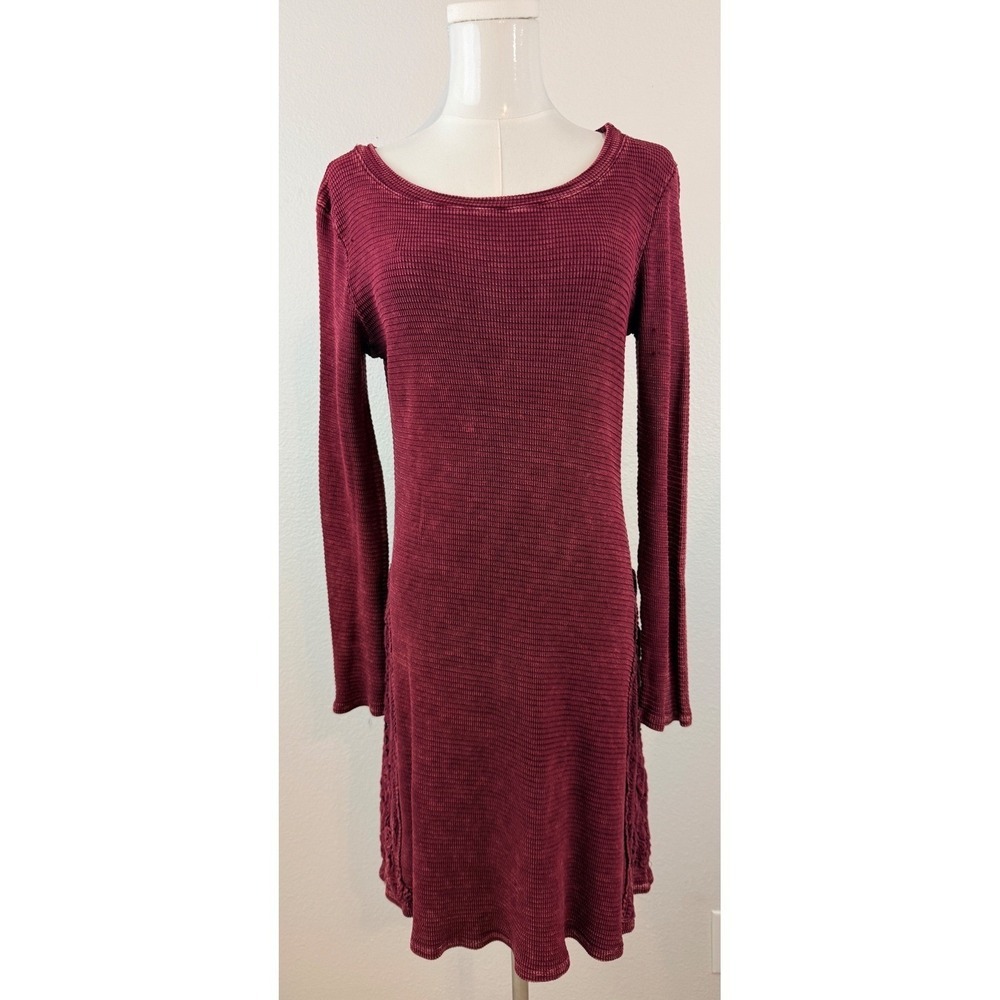 Able Boho Cottagecore Maroon Waffle Knit Crochet Trim Long Sleeve Mini Dress S - Picture 11 of 11